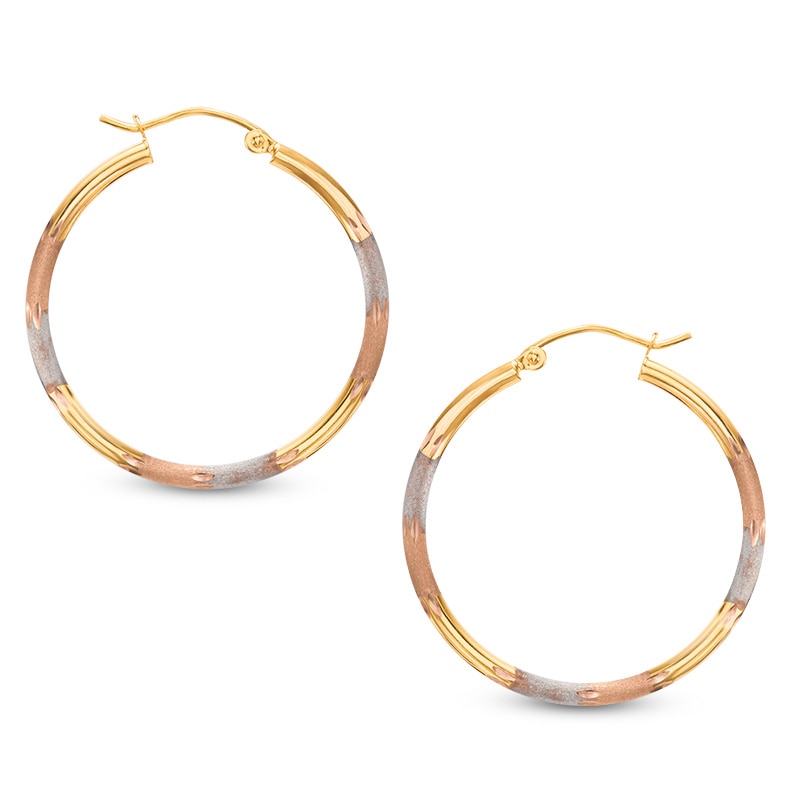 30mm Satin Finish Hoop Earrings in 10K Tri-Tone Gold