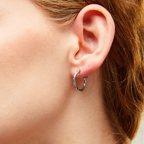 10K White Gold 17mm Diamond-Cut Hoop Earrings