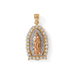 Medium Cubic Zirconia Our Lady of Guadalupe Medallion Tri-Tone Necklace Charm in 10K Solid Gold