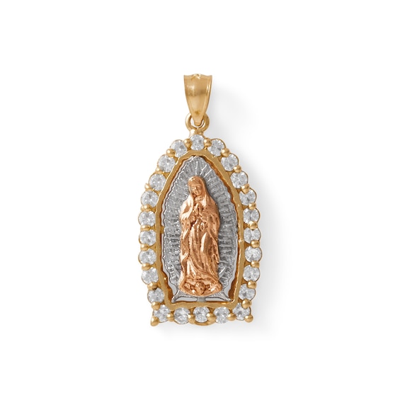 Medium Cubic Zirconia Our Lady of Guadalupe Medallion Tri-Tone Necklace Charm in 10K Solid Gold