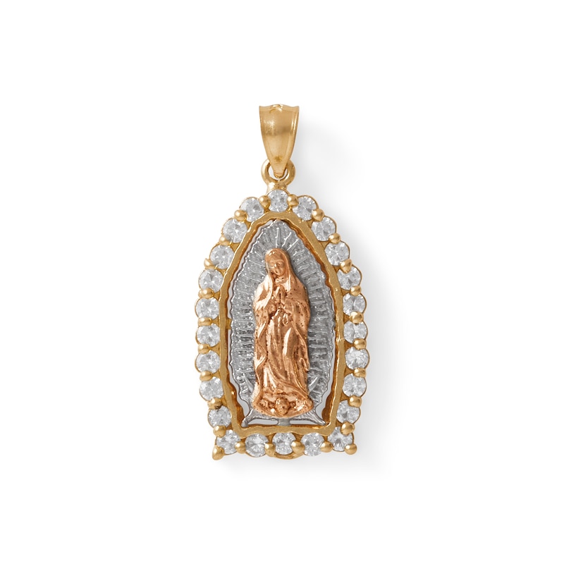 Medium Cubic Zirconia Our Lady of Guadalupe Medallion Tri-Tone Necklace Charm in 10K Solid Gold