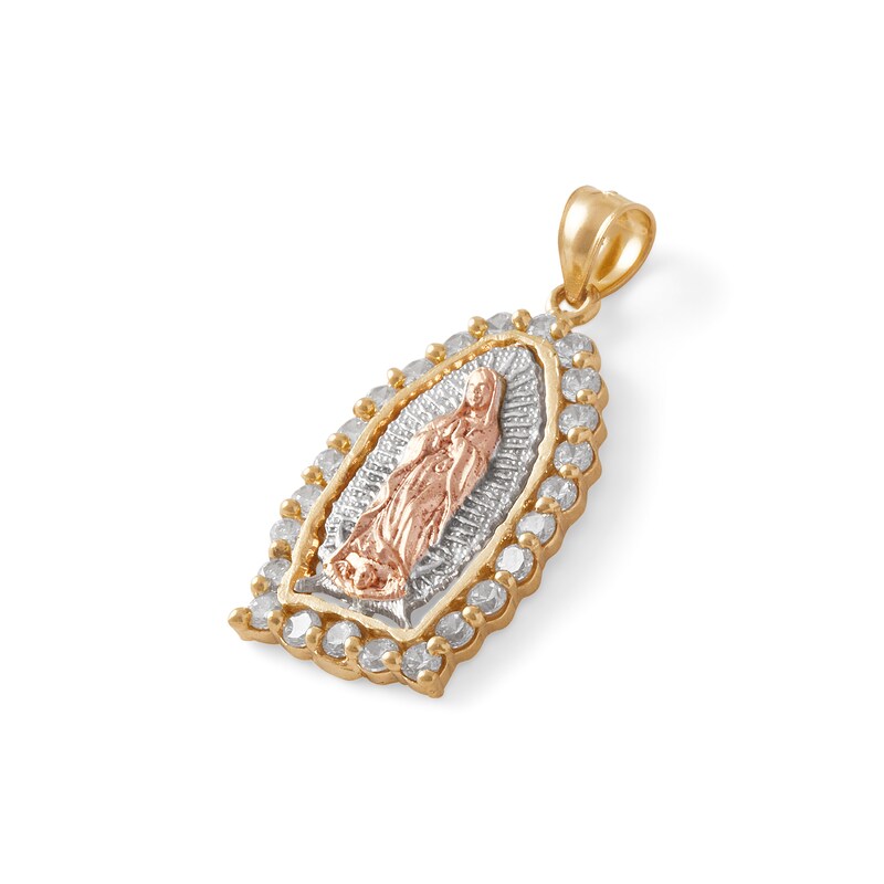 Medium Cubic Zirconia Our Lady of Guadalupe Medallion Tri-Tone Necklace Charm in 10K Solid Gold