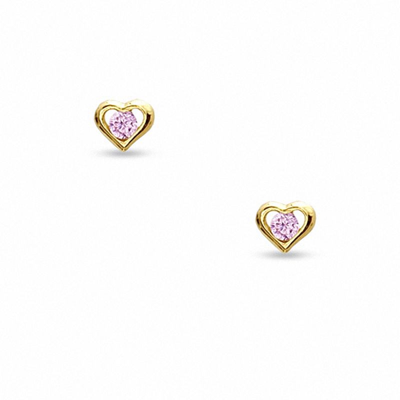 Child's Heart-Shaped Pink Cubic Zirconia Earrings in 10K Gold