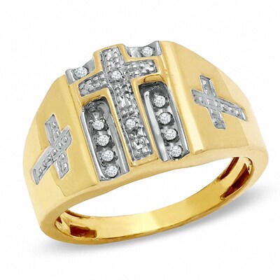 14K Gold Plate 1/10 CT. T.W. Diamond Beaded Cross Ring