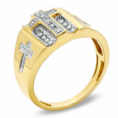 14K Gold Plate 1/10 CT. T.W. Diamond Beaded Cross Ring
