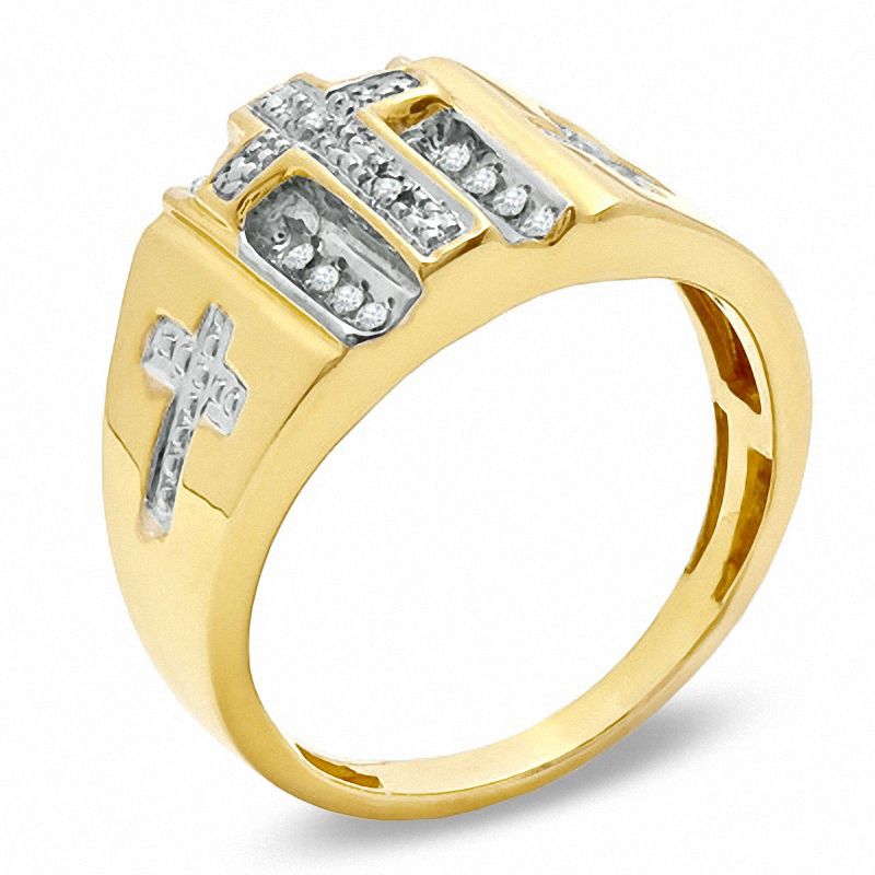 Main Image 2 of 14K Gold Plate 1/10 CT. T.W. Diamond Beaded Cross Ring