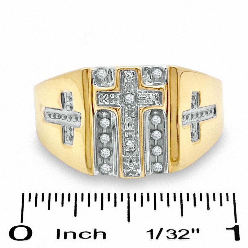 Main Image 3 of 14K Gold Plate 1/10 CT. T.W. Diamond Beaded Cross Ring