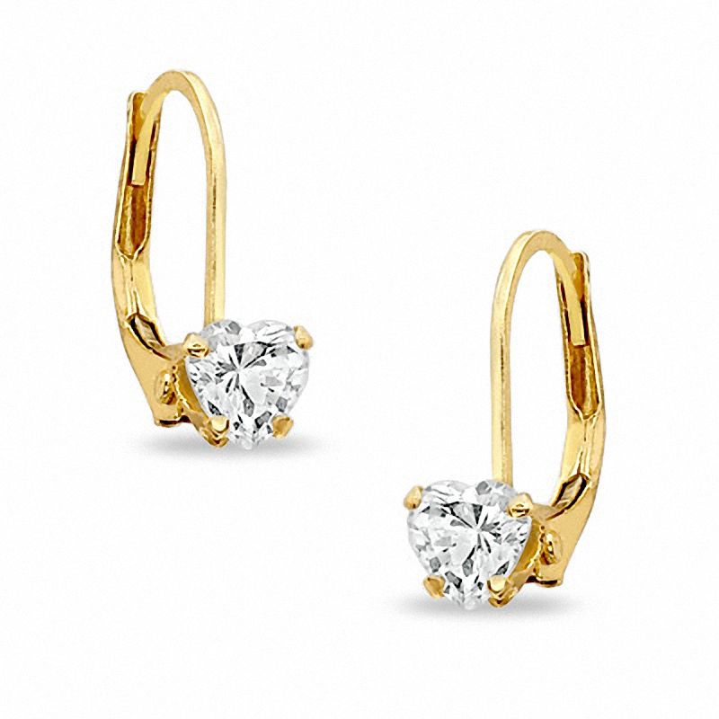 Main Image 1 of Child's 4mm Heart-Shaped Cubic Zirconia Earrings in 14K Gold