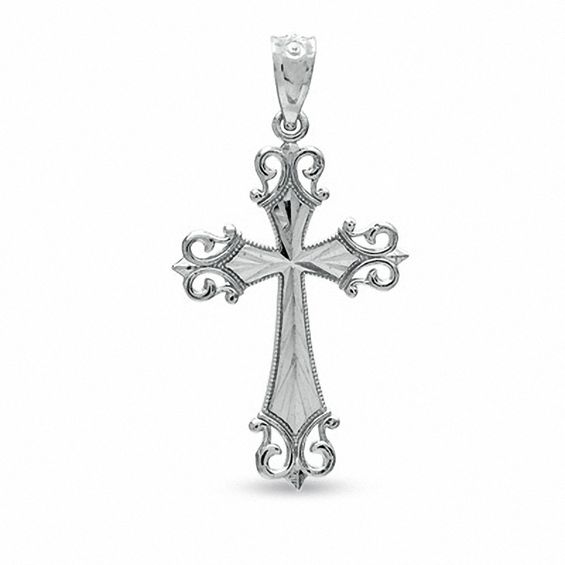 Small Diamond-Cut Budded Cross Charm in 10K White Gold