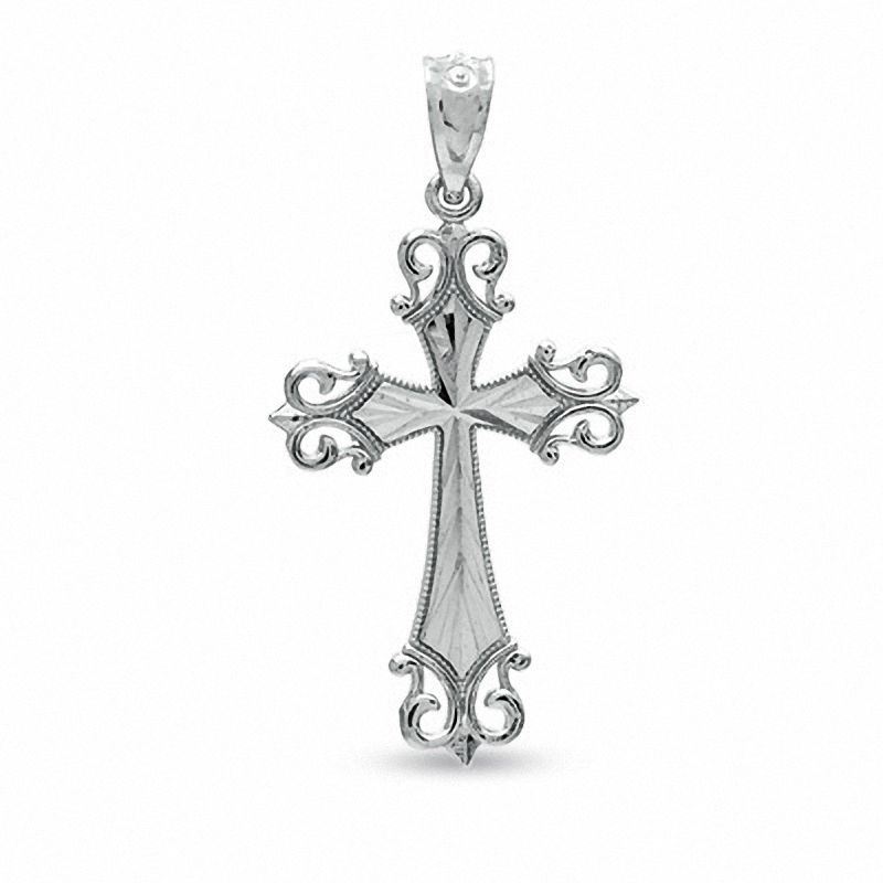 Main Image 1 of Small Diamond-Cut Budded Cross Charm in 10K White Gold