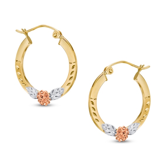 Flat Hoop with Rose Earrings in 10K Tri-Tone Gold
