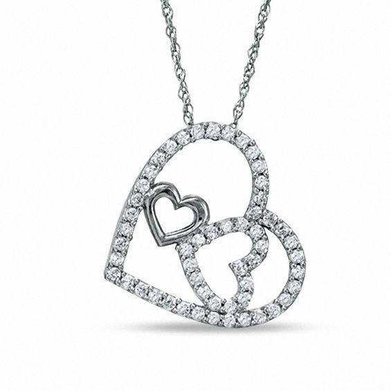 Cubic Zirconia Two Hearts in Heart Pendant in Sterling Silver