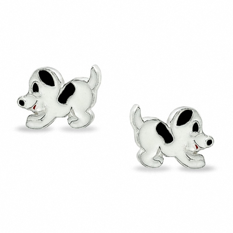 Child's Black and White Enamel Puppy Stud Earrings in Sterling Silver