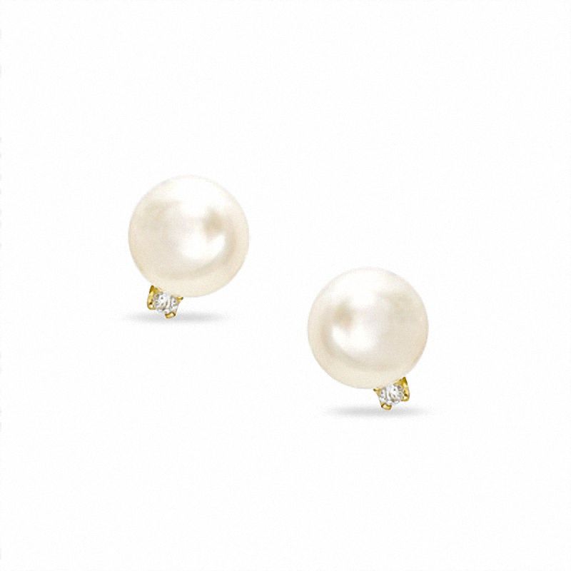 Main Image 1 of Cultured Akoya Pearl and Diamond Accent Stud Earrings in 10K Gold