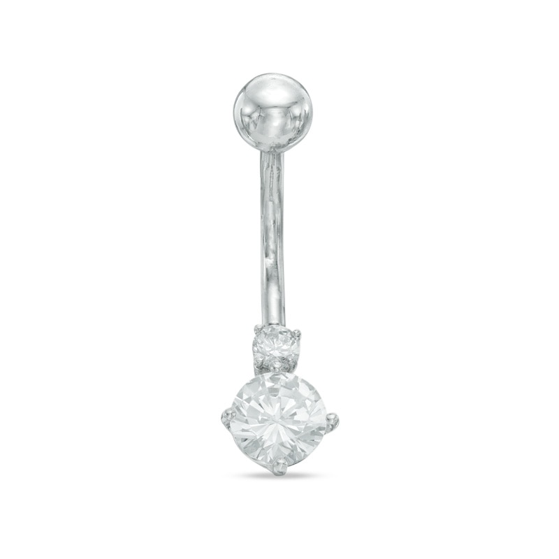 10K Semi-Solid White Gold CZ Belly Button Ring - 14G 3/8"