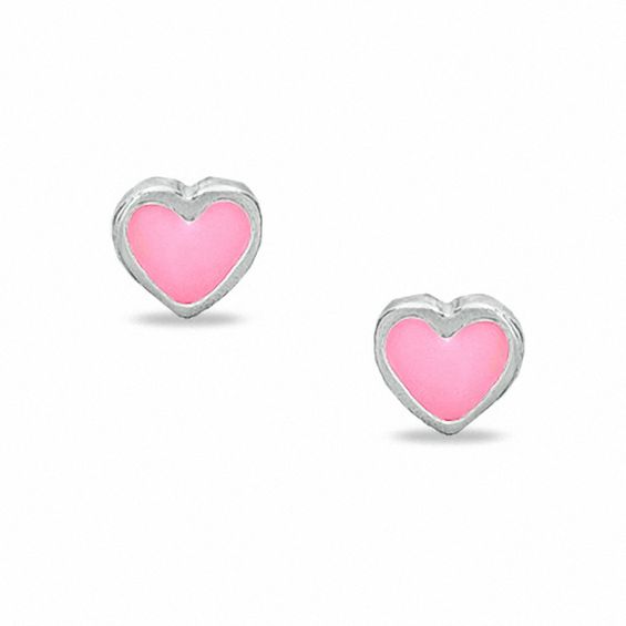 Child's Pink Enamel Heart Stud Earrings in Sterling Silver