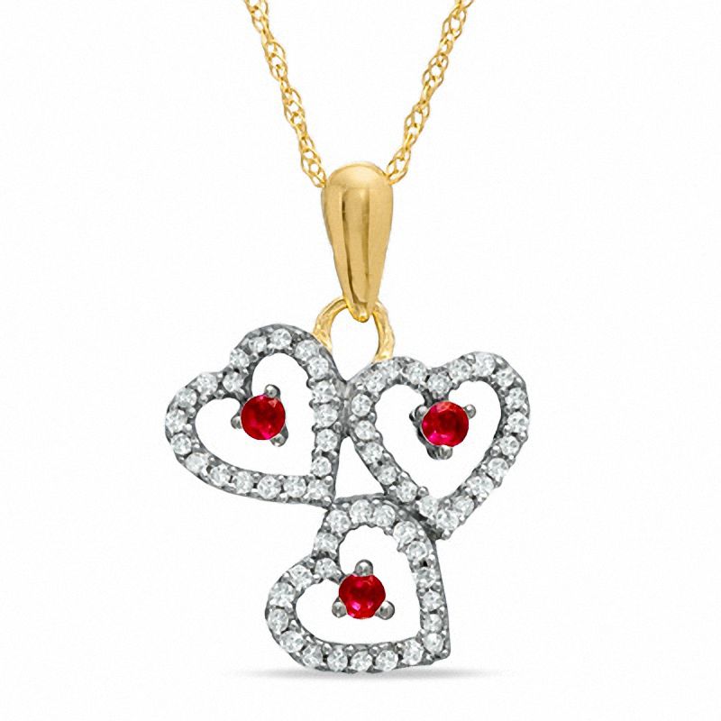 Main Image 1 of Lab-Created Ruby Triple Heart Pendant in 10K Gold with Diamond Accents