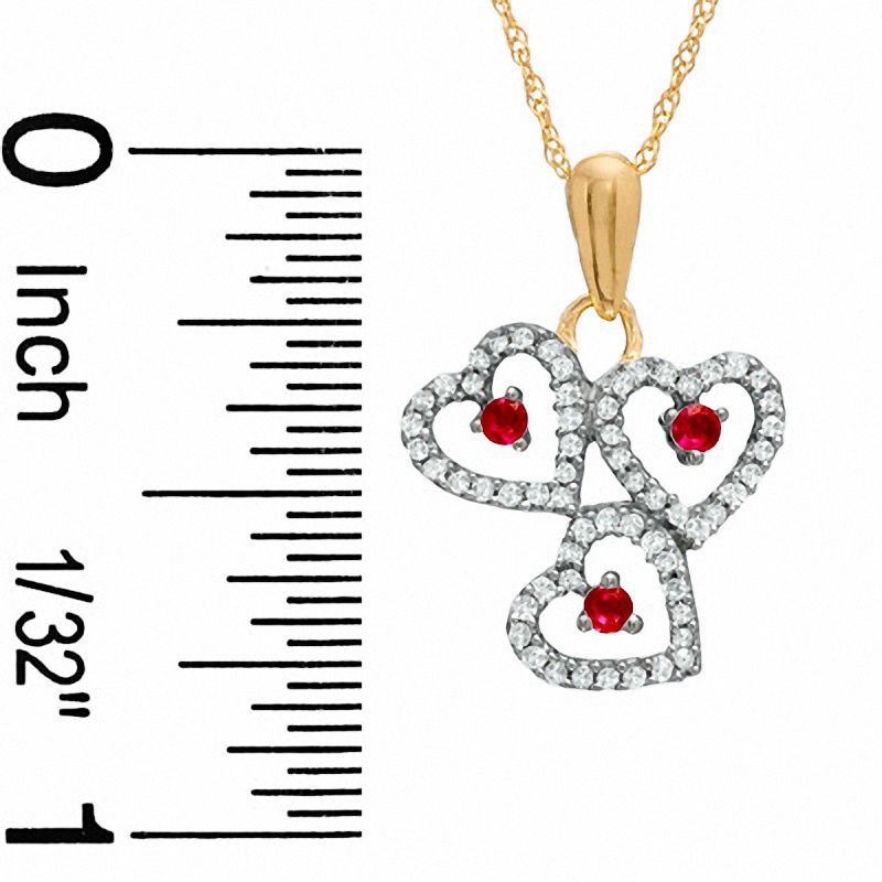 Lab-Created Ruby Triple Heart Pendant in 10K Gold with Diamond Accents