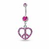 Thumbnail Image 1 of 014 Gauge Heart-Shaped Peace Sign Belly Button Ring with Pink Cubic Zirconia in Stainless Steel