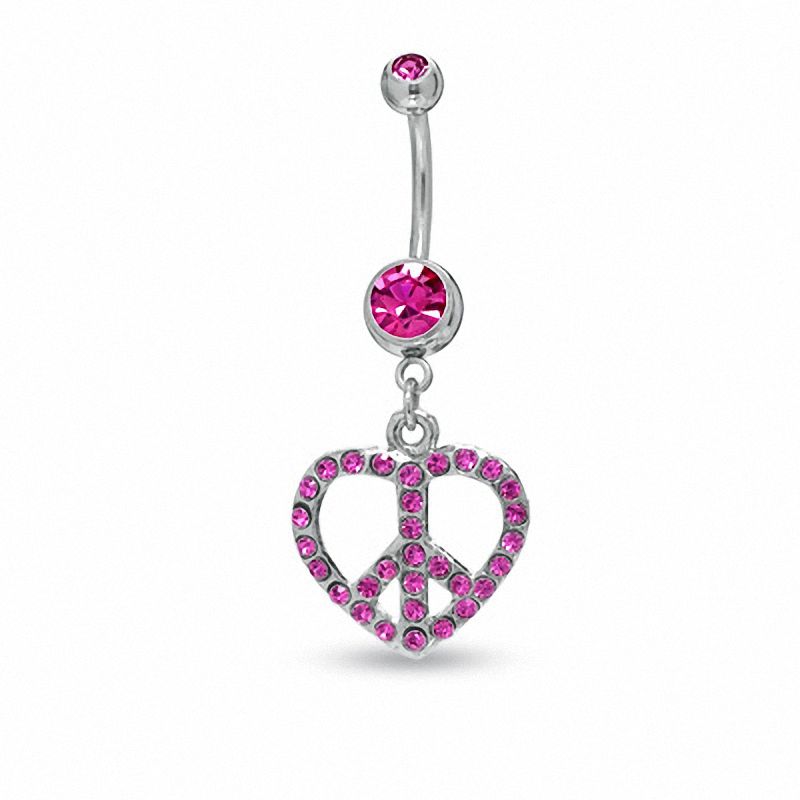 Main Image 1 of 014 Gauge Heart-Shaped Peace Sign Belly Button Ring with Pink Cubic Zirconia in Stainless Steel