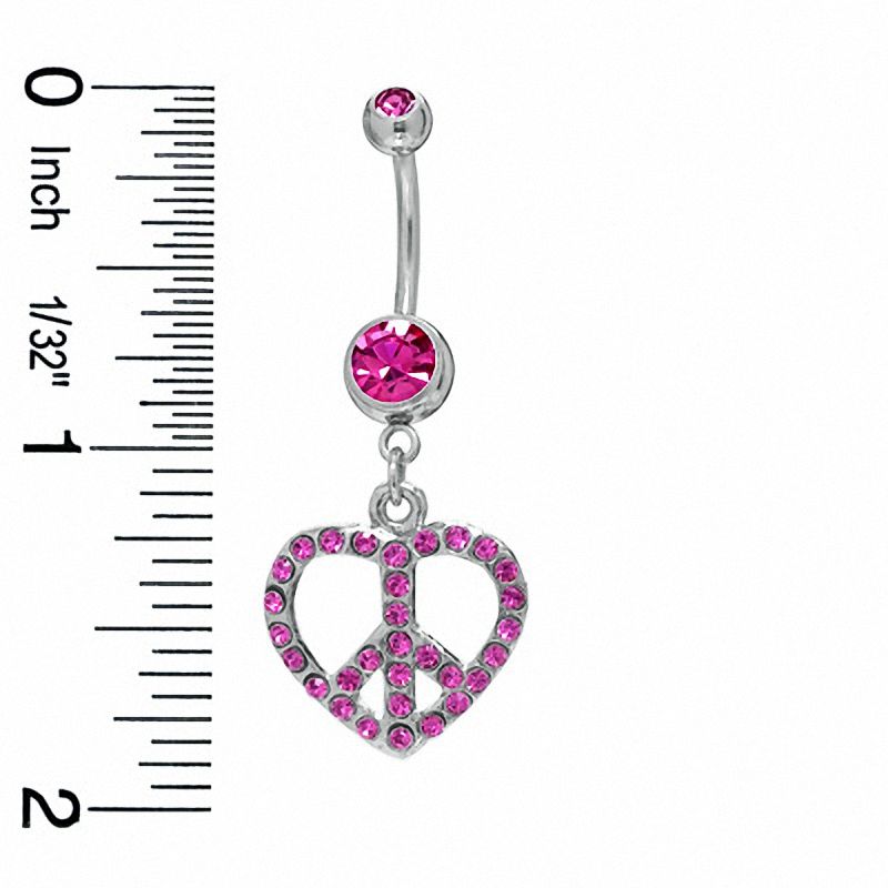 014 Gauge Heart-Shaped Peace Sign Belly Button Ring with Pink Cubic Zirconia in Stainless Steel