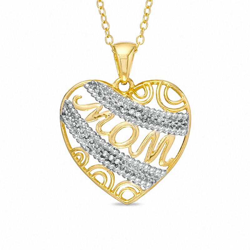 Main Image 1 of Diamond Accent MOM Heart Pendant in 18K Gold-Plated Sterling Silver