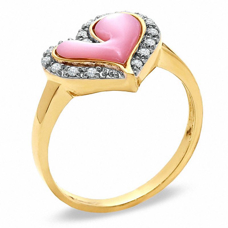 1/10 CT. T.W. Diamond and Pink Mother-of-Pearl Heart Ring in 10K Gold - Size 7