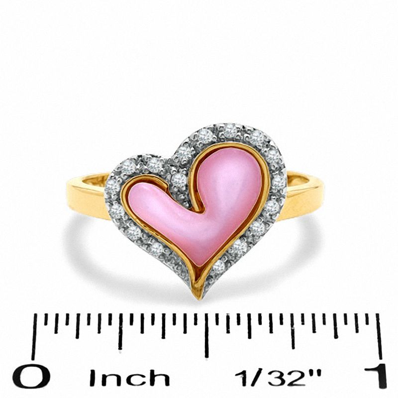 1/10 CT. T.W. Diamond and Pink Mother-of-Pearl Heart Ring in 10K Gold - Size 7