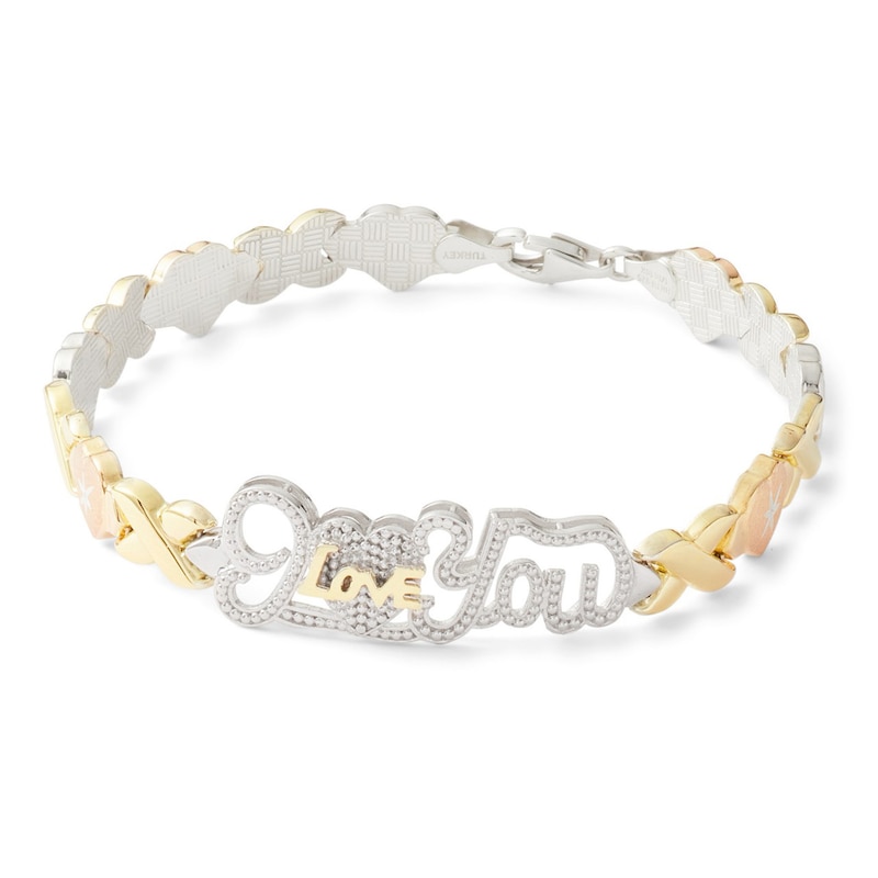 Main Image 1 of 10K Tri-Tone Gold Bonded Sterling Silver XO I Love You Stampato Bracelet - 7.25"