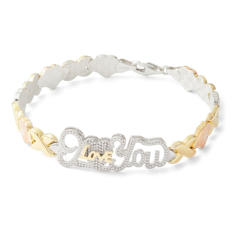 10K Tri-Tone Gold Bonded Sterling Silver XO I Love You Stampato Bracelet - 7.25"