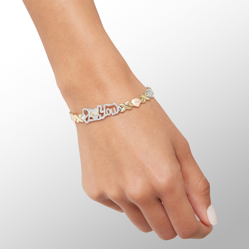 Main Image 3 of 10K Tri-Tone Gold Bonded Sterling Silver XO I Love You Stampato Bracelet - 7.25"