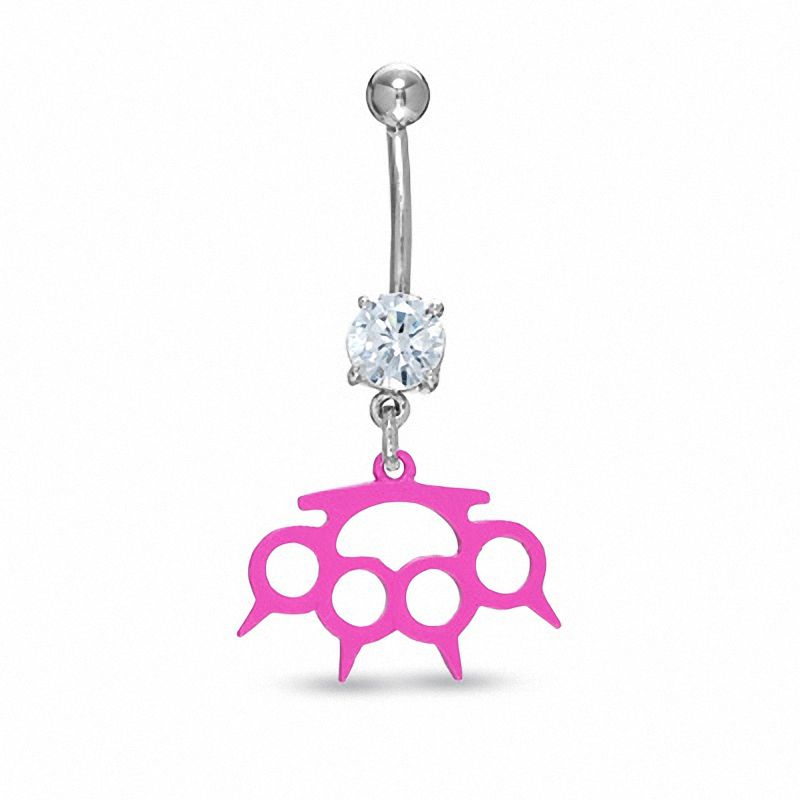 Main Image 1 of 014 Gauge Pink Spiked Brass Knuckles Belly Button Ring with Cubic Zirconia in Stainless Steel