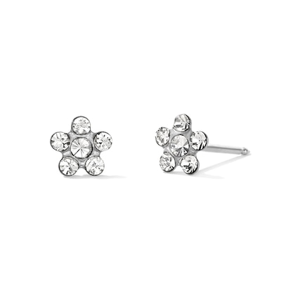 White Crystal Daisy Stud Piercing Earrings in 14K Solid White Gold