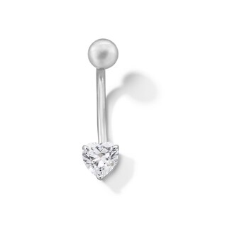 10K Semi-Solid White Gold CZ Heart Belly Button Ring - 14G 3/8"