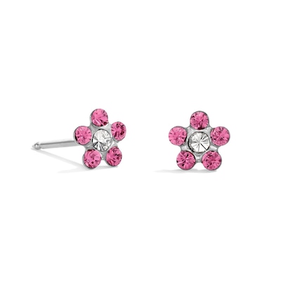 Rose Crystal Daisy Stud Piercing Earrings in 14K Solid White Gold