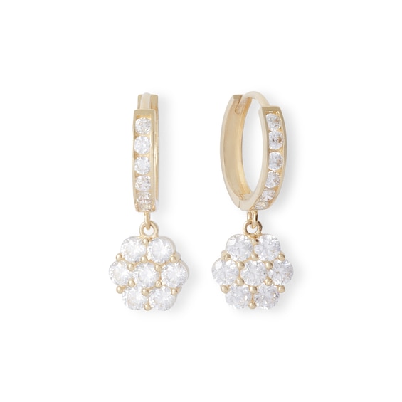 Cubic Zirconia Huggie with Flower Dangle Earrings in 10K Gold