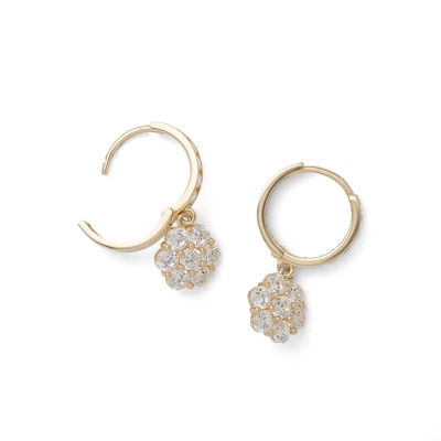 Cubic Zirconia Huggie with Flower Dangle Earrings in 10K Gold