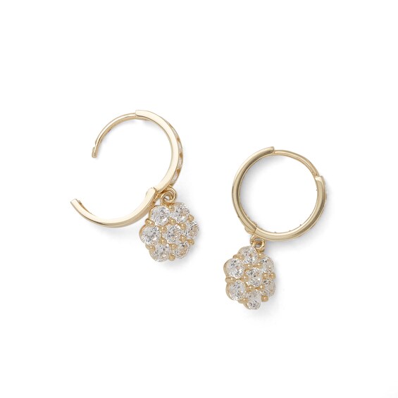 Cubic Zirconia Huggie with Flower Dangle Earrings in 10K Gold