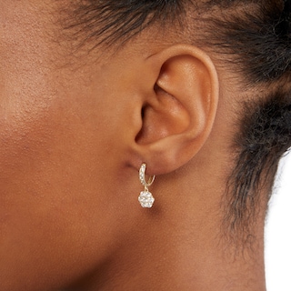 Cubic Zirconia Huggie with Flower Dangle Earrings in 10K Gold