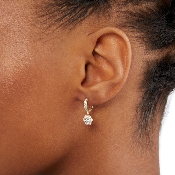 Cubic Zirconia Huggie with Flower Dangle Earrings in 10K Gold