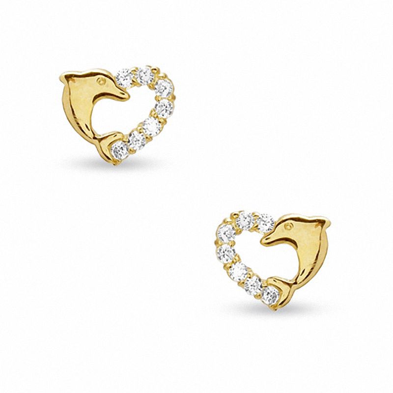 Cubic Zirconia Dolphin Heart Stud Earrings in 10K Gold