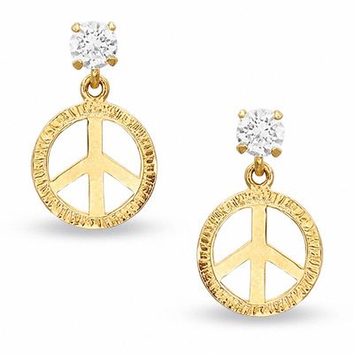 Cubic Zirconia Peace Dangle Earrings in 10K Gold