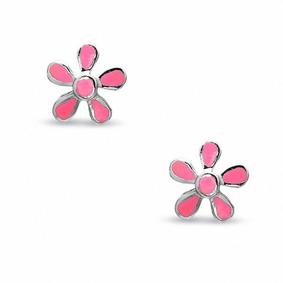 Child's Pink Enamel Flower Stud Earrings in Sterling Silver