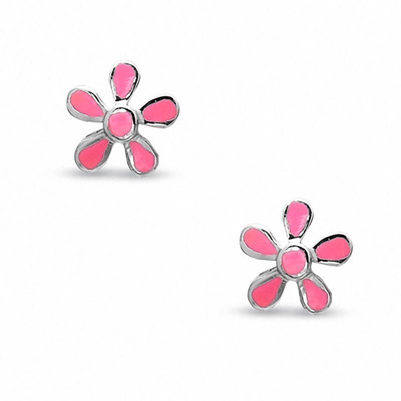 Child's Pink Enamel Flower Stud Earrings in Sterling Silver