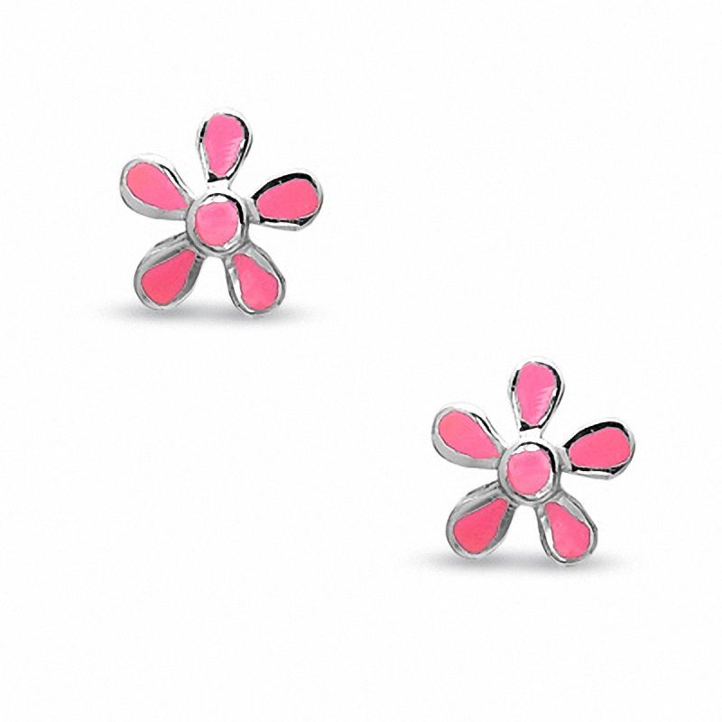 Main Image 1 of Child's Pink Enamel Flower Stud Earrings in Sterling Silver