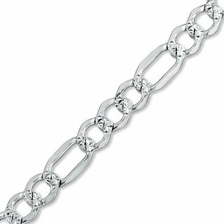 3.7mm Pavé Figaro Chain Bracelet in Sterling Silver with 14K White Gold Plate - 8"