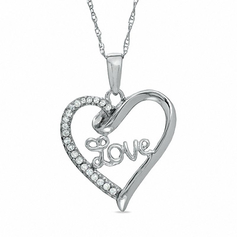 1/10 CT. T.W. Diamond "Love" Heart Pendant in 10K White Gold