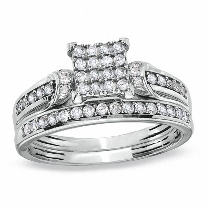 Main Image 1 of 3/8 CT. T.W. Composite Princess-Cut Diamond Bypass Bridal Set in 10K White Gold