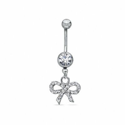 014 Gauge Bow Belly Button Ring with Crystals in Stainless Steel