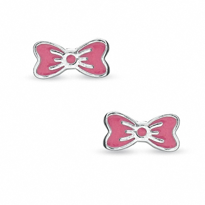 Child's Pink Enamel Bow Stud Earrings in Sterling Silver